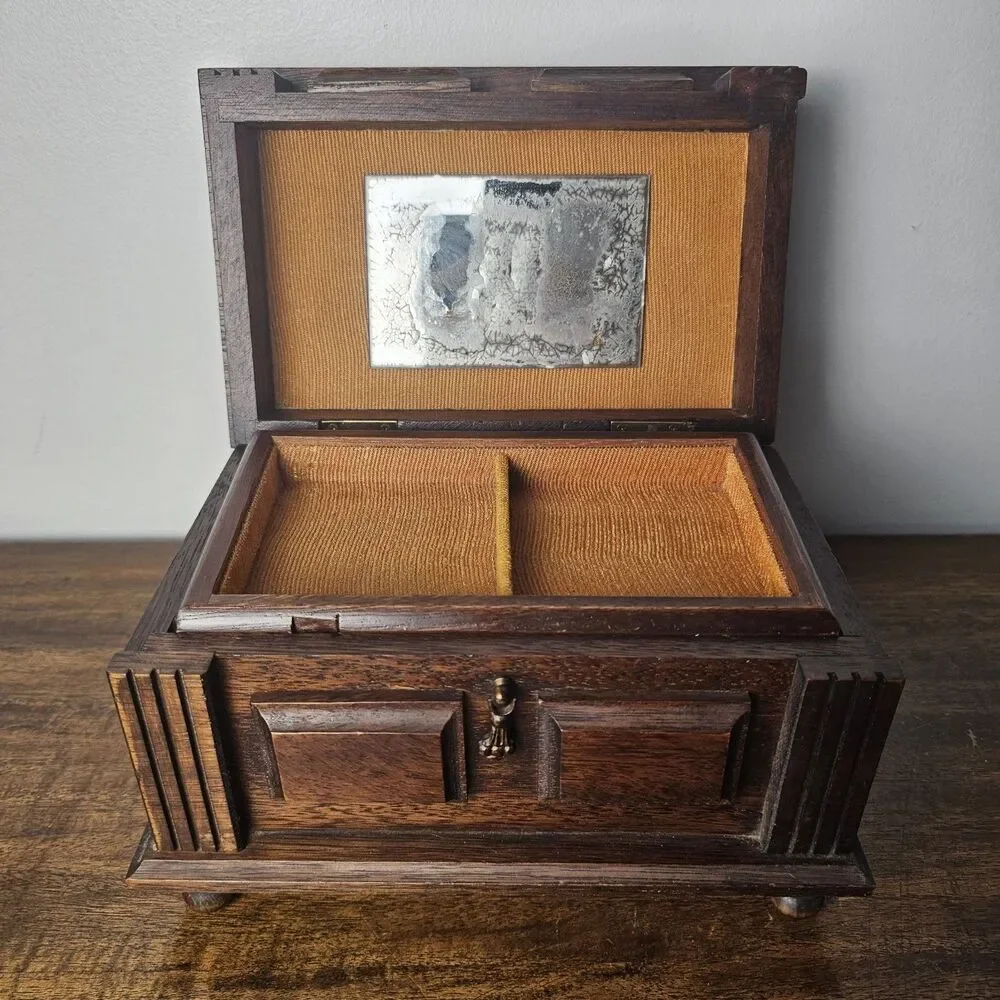Vintage 1960s Retro Footed Wooden Jewelry Box, Mustard Gold Velvet Lined